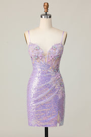 Lilac Tight Appliqued Short Homecoming Dress with Sequins