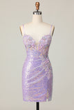Sparkly Lilac Tight Spaghetti Straps Appliqued Short Homecoming Dress with Sequins