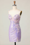 Lilac Tight Appliqued Short Homecoming Dress with Sequins