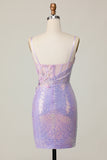 Sparkly Lilac Tight Spaghetti Straps Appliqued Short Homecoming Dress with Sequins