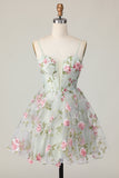 Sage Flower A Line Corset Printed Short Homecoming Dress with Lace Up Back
