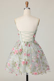 Sage Flower A Line Corset Printed Short Homecoming Dress with Lace Up Back