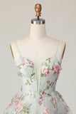 Sage Flower A Line Corset Printed Short Homecoming Dress with Lace Up Back