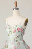 Sage Flower A Line Corset Printed Short Homecoming Dress with Lace Up Back