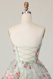 Sage Flower A Line Corset Printed Short Homecoming Dress with Lace Up Back