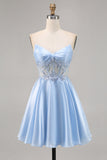 Light Blue Strapless A Line Satin Homecoming Dress with Appliques