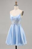 Light Blue Strapless A Line Satin Homecoming Dress with Appliques
