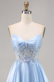 Light Blue Strapless A Line Satin Homecoming Dress with Appliques