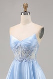 Light Blue Strapless A Line Satin Homecoming Dress with Appliques