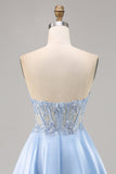 Light Blue Strapless A Line Satin Homecoming Dress with Appliques