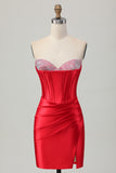 Red Bodycon Strapless Corset Satin Short Homecoming Dress with Slit