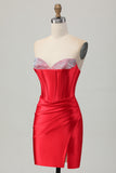 Red Bodycon Strapless Corset Satin Short Homecoming Dress with Slit