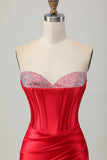 Red Bodycon Strapless Corset Satin Short Homecoming Dress with Slit