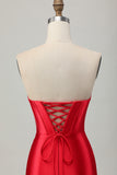 Red Bodycon Strapless Corset Satin Short Homecoming Dress with Slit