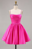 Fuchsia A Line Spaghetti Straps Beaded Satin Short Homecoming Dress