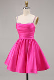 Fuchsia A Line Spaghetti Straps Beaded Satin Short Homecoming Dress