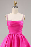 Fuchsia A Line Spaghetti Straps Beaded Satin Short Homecoming Dress