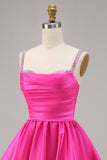 Fuchsia A Line Spaghetti Straps Beaded Satin Short Homecoming Dress