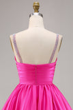 Fuchsia A Line Spaghetti Straps Beaded Satin Short Homecoming Dress