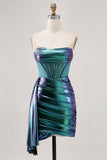 Metallic Green Strapless Corset Ruched Short Homecoming Dress with Side Cape