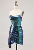 Metallic Green Strapless Corset Ruched Short Homecoming Dress with Side Cape