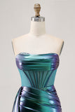 Metallic Green Strapless Corset Ruched Short Homecoming Dress with Side Cape