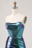 Metallic Green Strapless Corset Ruched Short Homecoming Dress with Side Cape