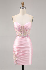 Candy Pink Strapless Ruched Tight Short Homecoming Dress with Appliques