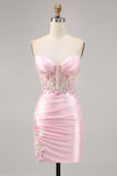 Candy Pink Strapless Ruched Tight Short Homecoming Dress with Appliques