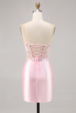 Candy Pink Strapless Ruched Tight Short Homecoming Dress with Appliques