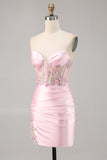 Candy Pink Strapless Ruched Tight Short Homecoming Dress with Appliques