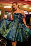 Metallic Peacock Green A-Line Strapless Corset Short Homecoming Dress with Bow