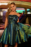 Metallic Peacock Green A-Line Strapless Corset Short Homecoming Dress with Bow