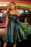 Metallic Peacock Green A-Line Strapless Corset Short Homecoming Dress with Bow