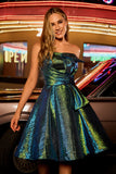 Metallic Peacock Green A-Line Strapless Corset Short Homecoming Dress with Bow