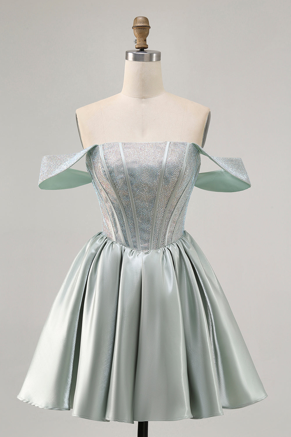 Wedtrend Women Beaded Homecoming Dress A Line Light Green Off The Shoulder Corset Satin Mini Cocktail Dress, Light Green / US18W