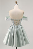 Light Green Satin Off The Shoulder Corset Homecoming Dress with Beading