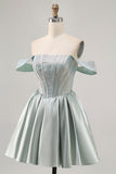 Light Green Satin Off The Shoulder Corset Homecoming Dress with Beading
