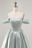 Light Green Satin Off The Shoulder Corset Homecoming Dress with Beading