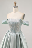 Light Green Satin Off The Shoulder Corset Homecoming Dress with Beading