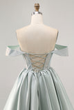 Light Green Satin Off The Shoulder Corset Homecoming Dress with Beading