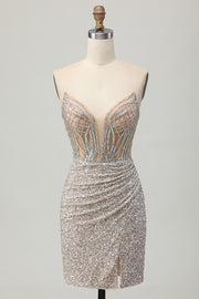 Sparkly Silver Strapless Bodycon Sequins Homecoming Dress with Lace Up Back