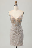 Sparkly Silver Strapless Bodycon Sequins Homecoming Dress with Lace Up Back
