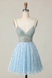 Sparkly A Line Light Blue Homecoming Dress with Sequins