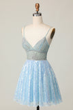 Sparkly A Line Light Blue Homecoming Dress with Sequins