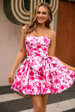 White Fuchsia Flower A Line Strapless Printed Floral Homecoming Dress with Bow