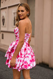 White Fuchsia Flower A Line Strapless Printed Floral Homecoming Dress with Bow