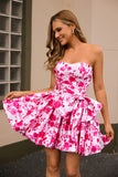 White Fuchsia Flower A Line Strapless Printed Floral Homecoming Dress with Bow