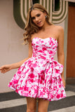 White Fuchsia Flower A Line Strapless Printed Floral Homecoming Dress with Bow