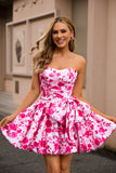 White Fuchsia Flower A Line Strapless Printed Floral Homecoming Dress with Bow